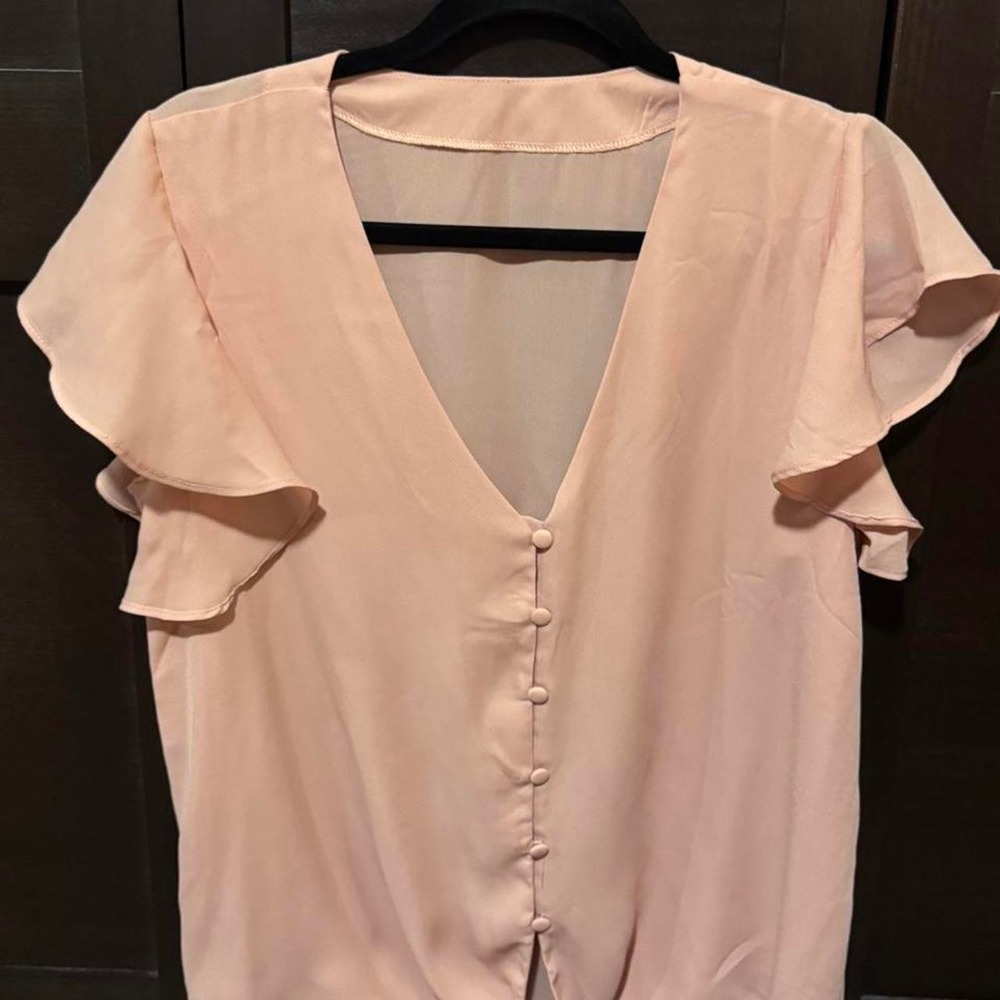 Pink Polyester & Spandex Blouse with Ruffle Cap Sleeves & Tie Front, size L
